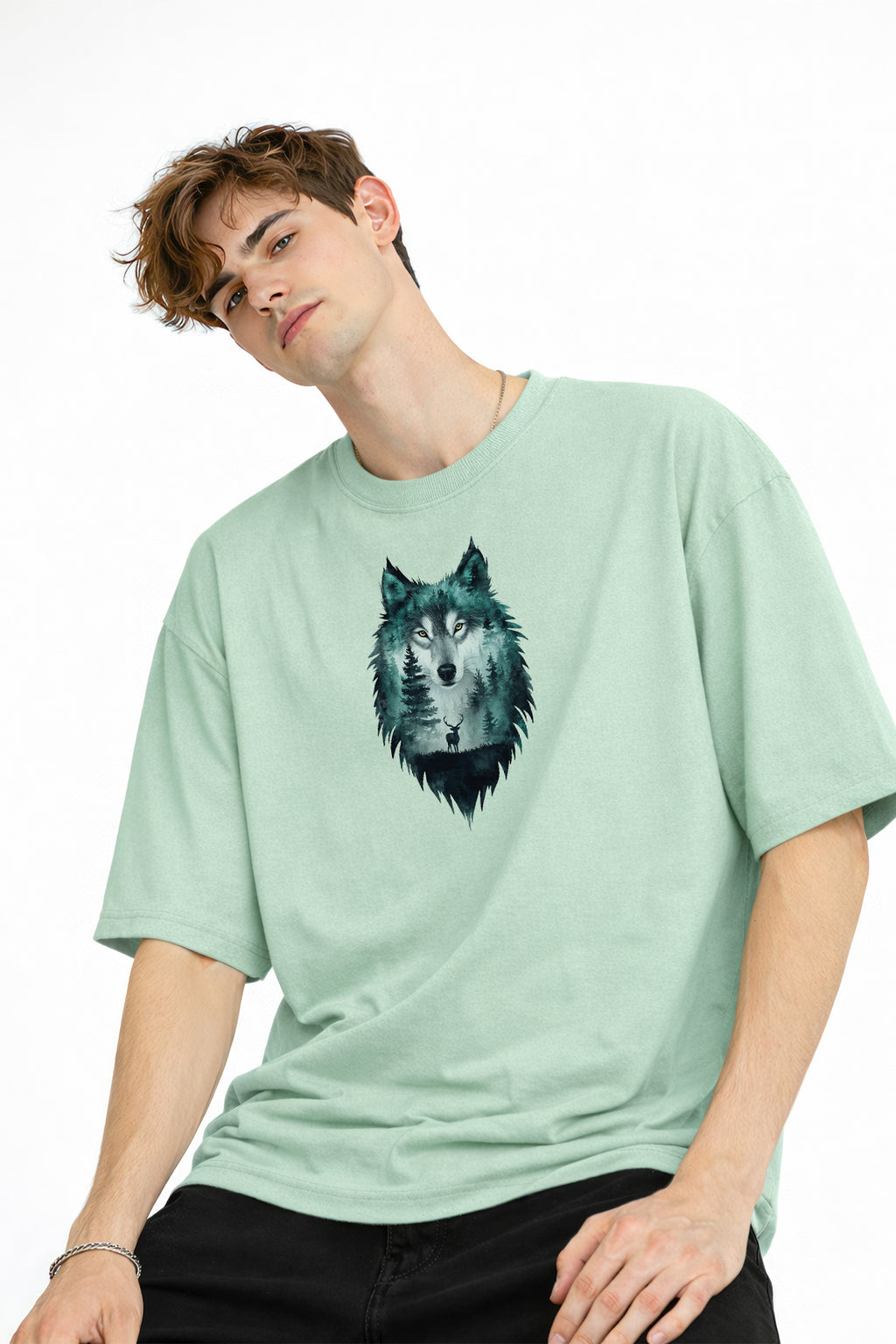Wolf - Oversize Erkek Tişört SU YESILI